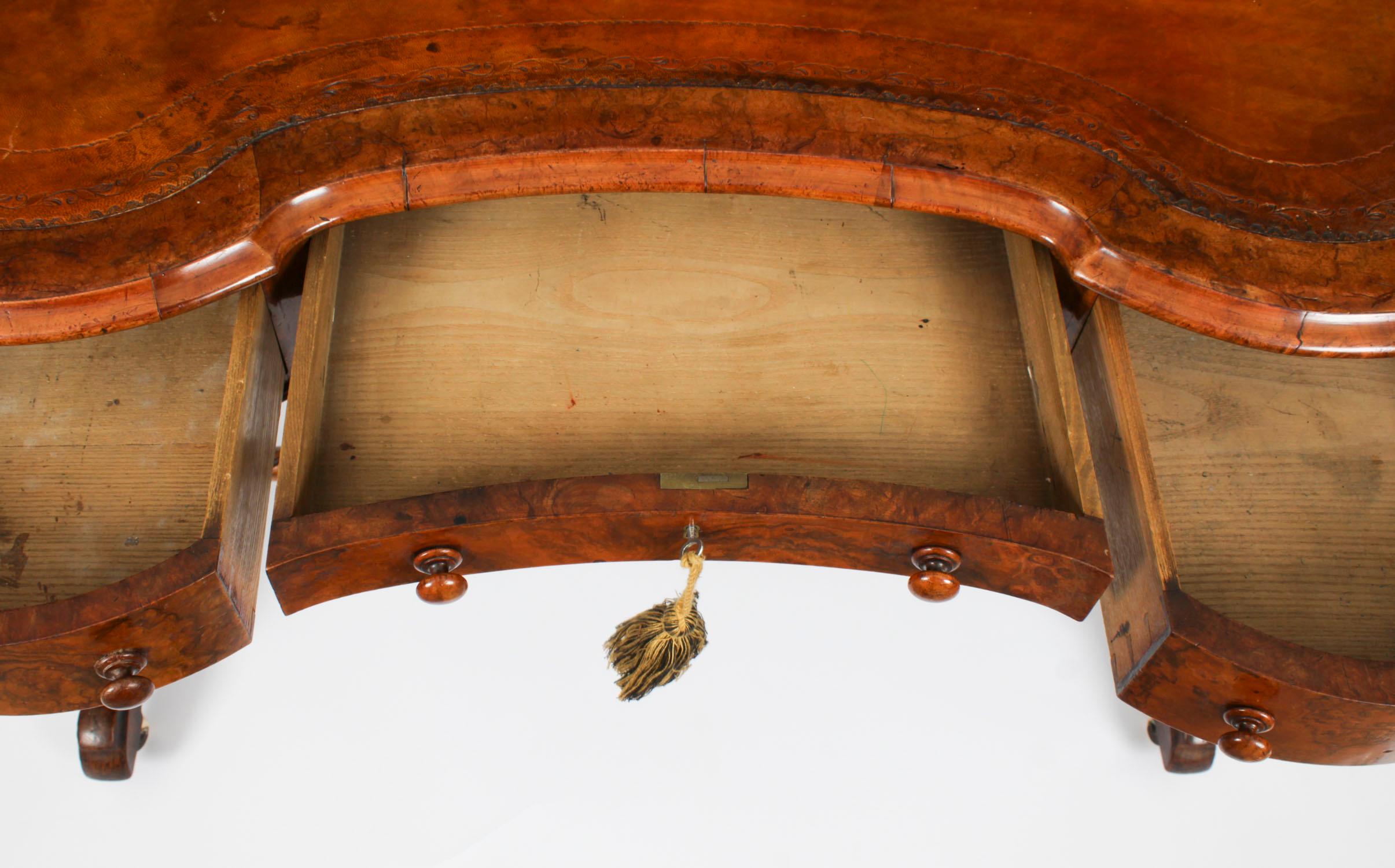 Antique Burr Walnut Kidney Writing Table Desk Bureau Plat 19th Century 4