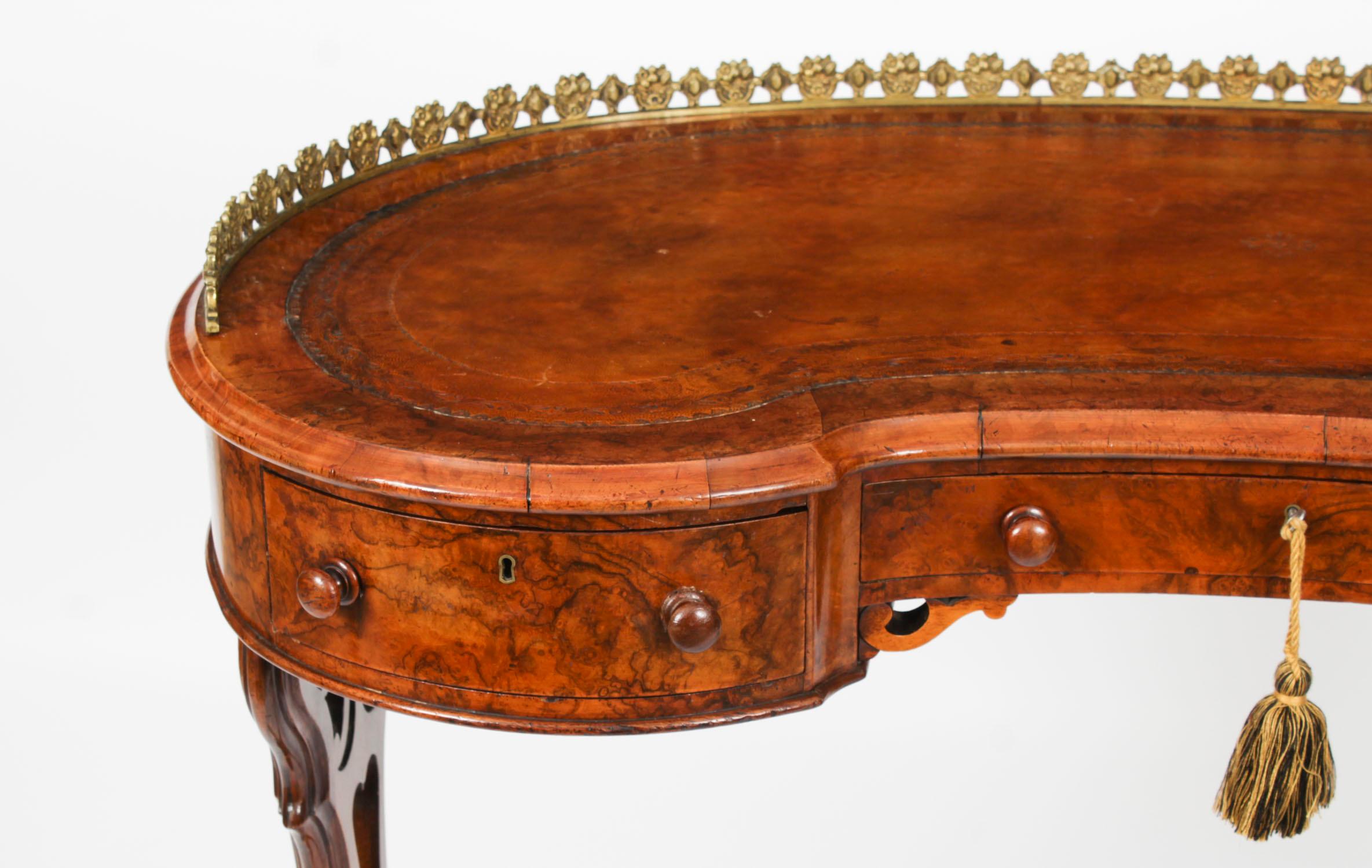 Antique Burr Walnut Kidney Writing Table Desk Bureau Plat 19th Century 2