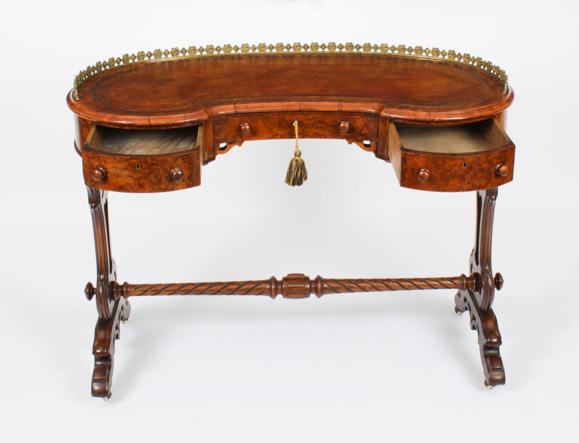 Antique Burr Walnut Kidney Writing Table Desk Bureau Plat 19th Century 3