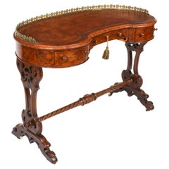 Antique Burr Walnut Kidney Writing Table Desk Bureau Plat 19th Century