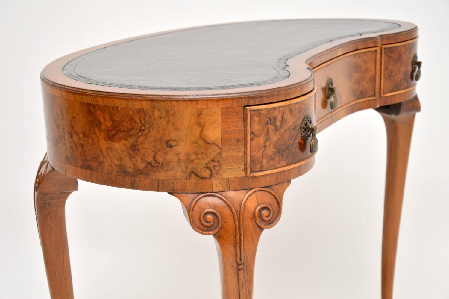 British Antique Burr Walnut Kidney Writing Table Desk