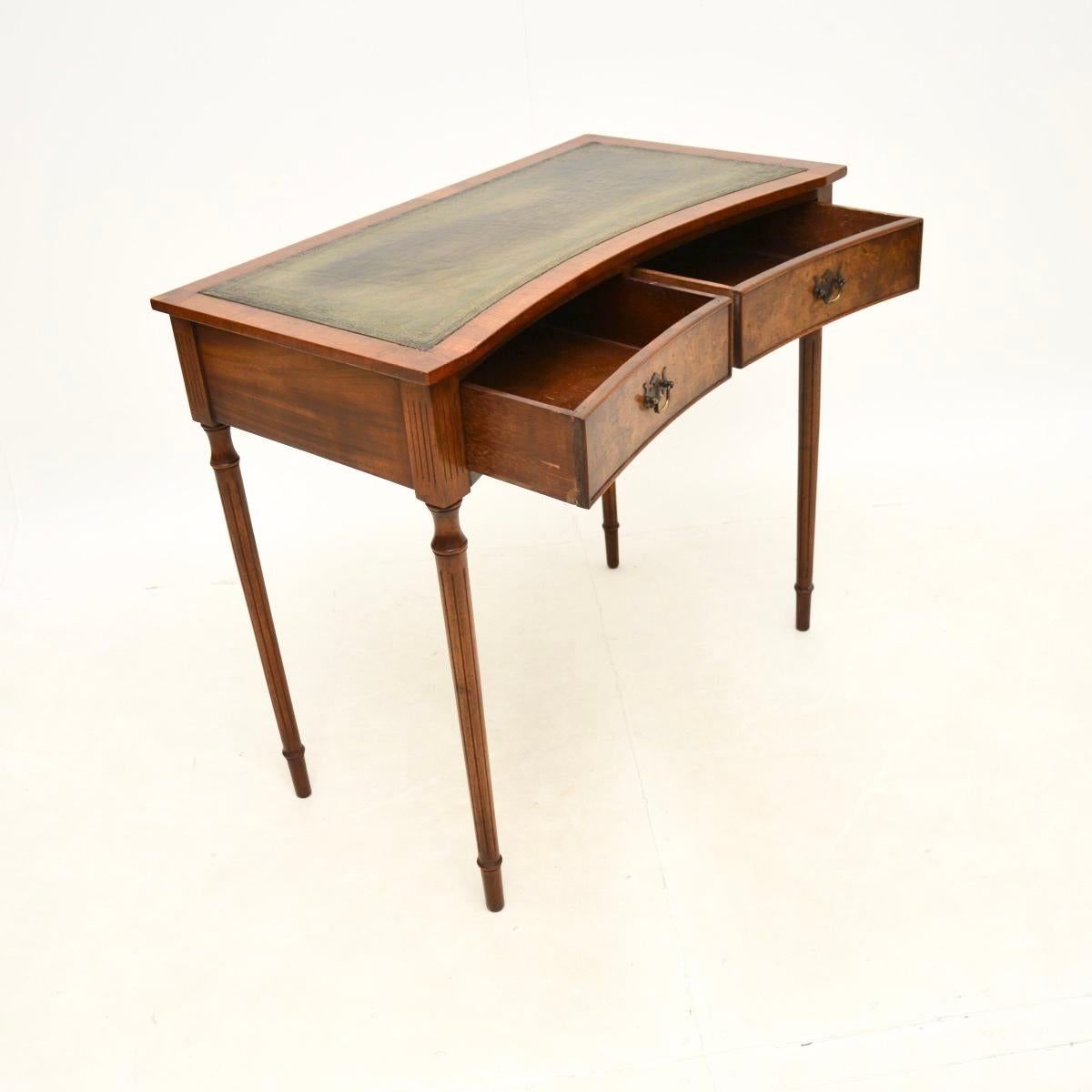 British Antique Burr Walnut Leather Top Concave Desk / Side Table