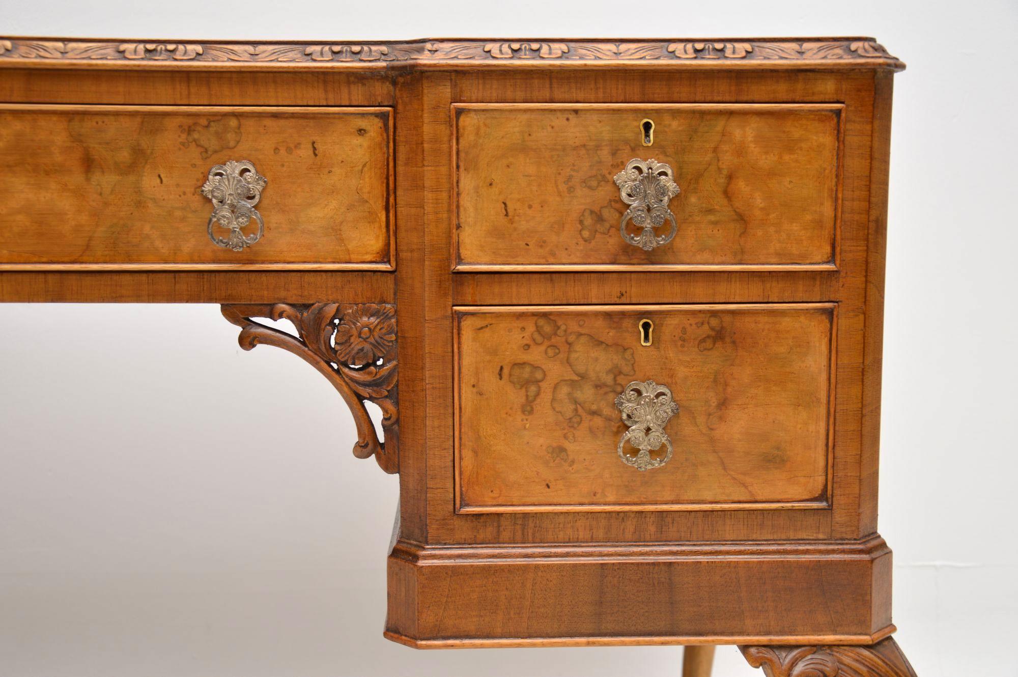 English Antique Burr Walnut Leather Top Desk