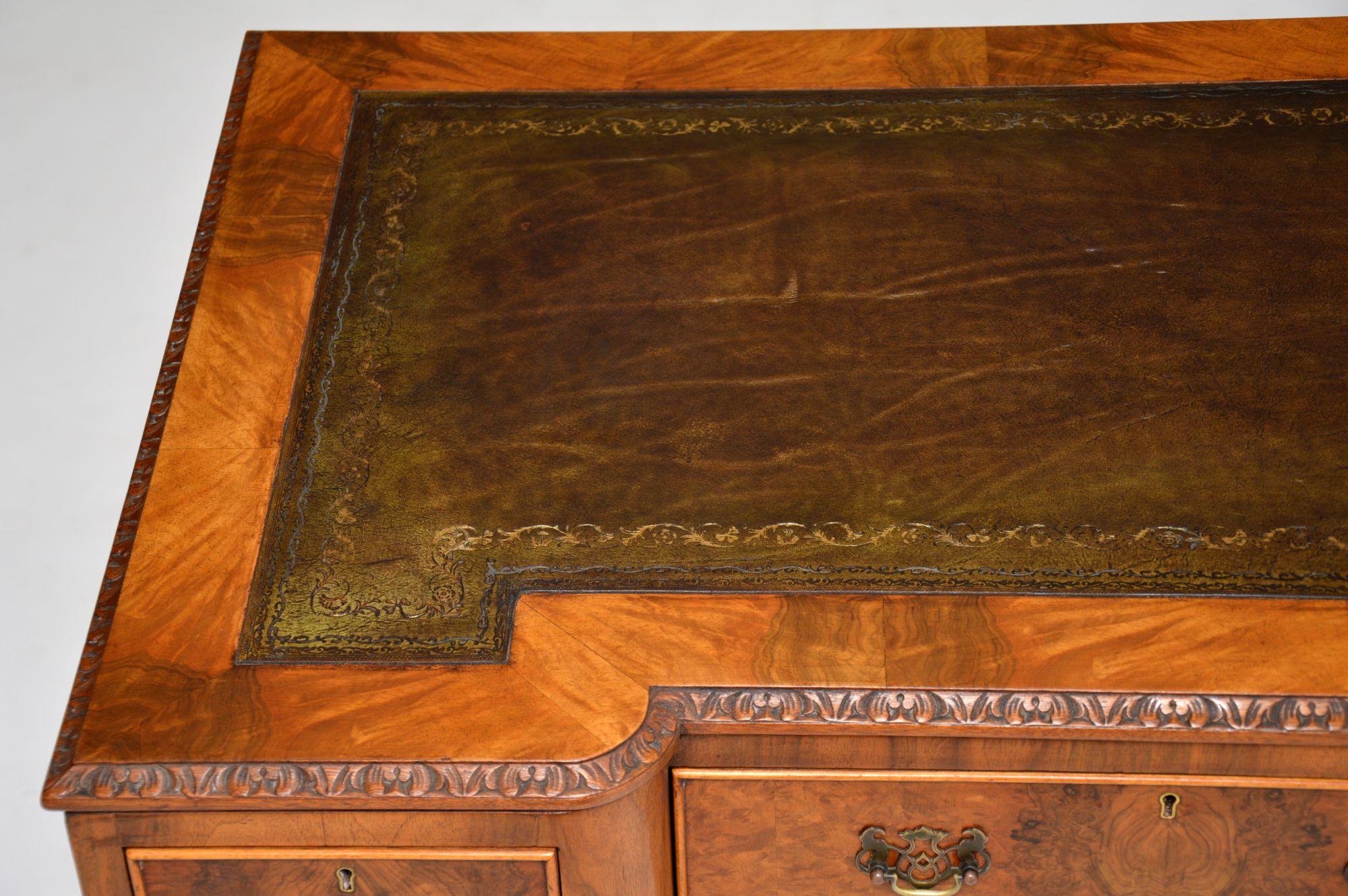 English Antique Burr Walnut Leather Top Desk