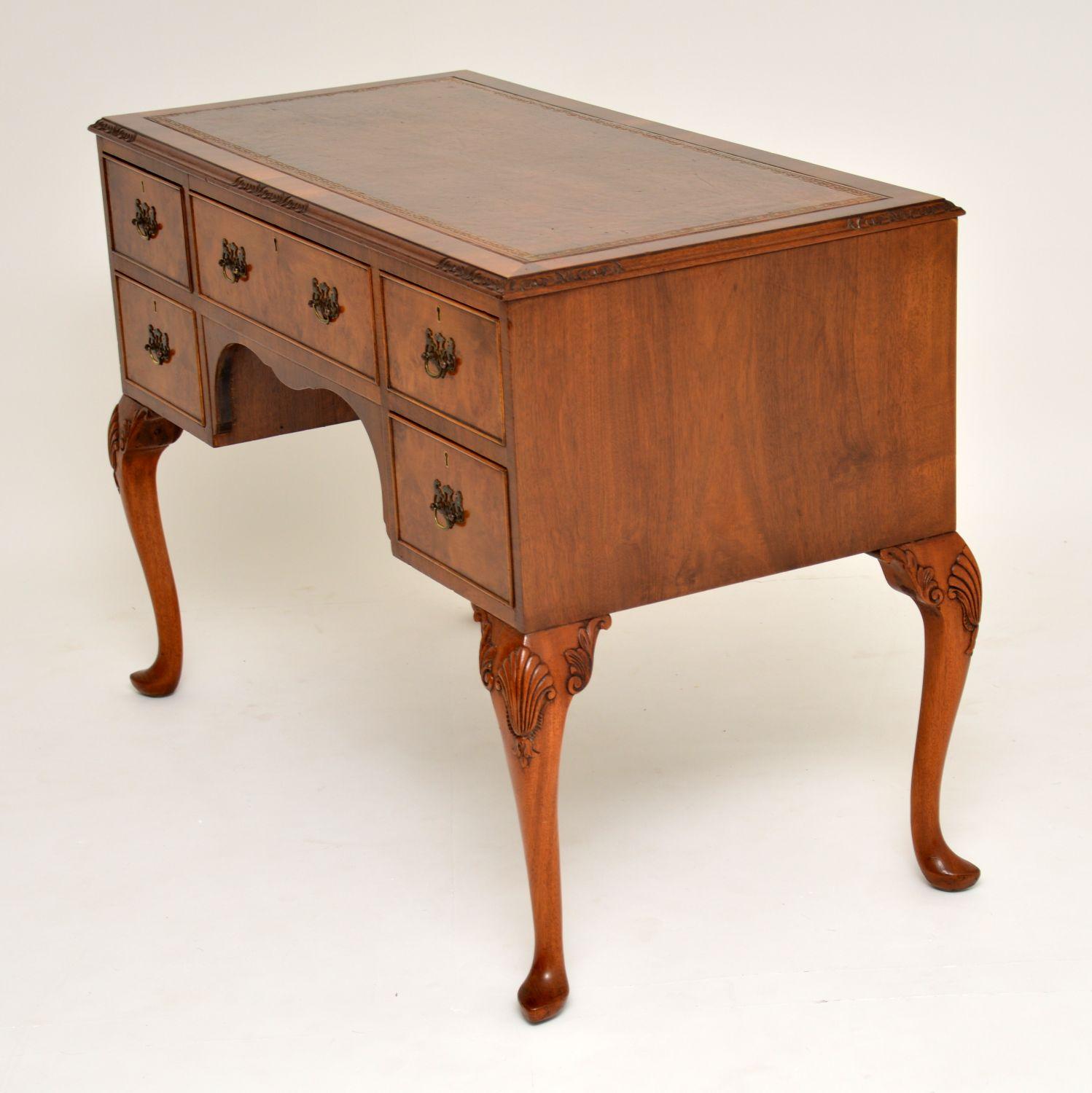 British Antique Burr Walnut Leather Top Desk