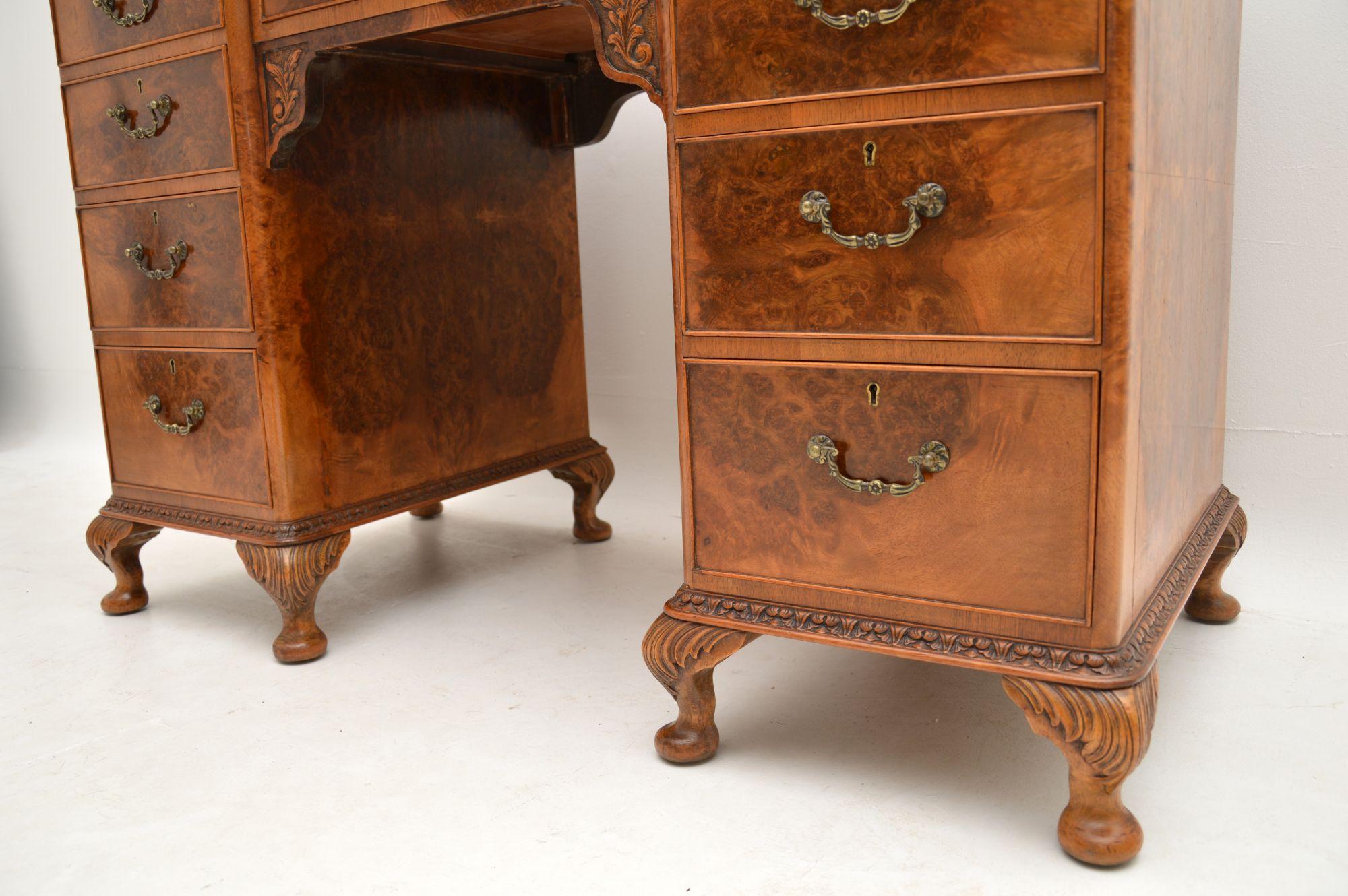English Antique Burr Walnut Leather Top Desk