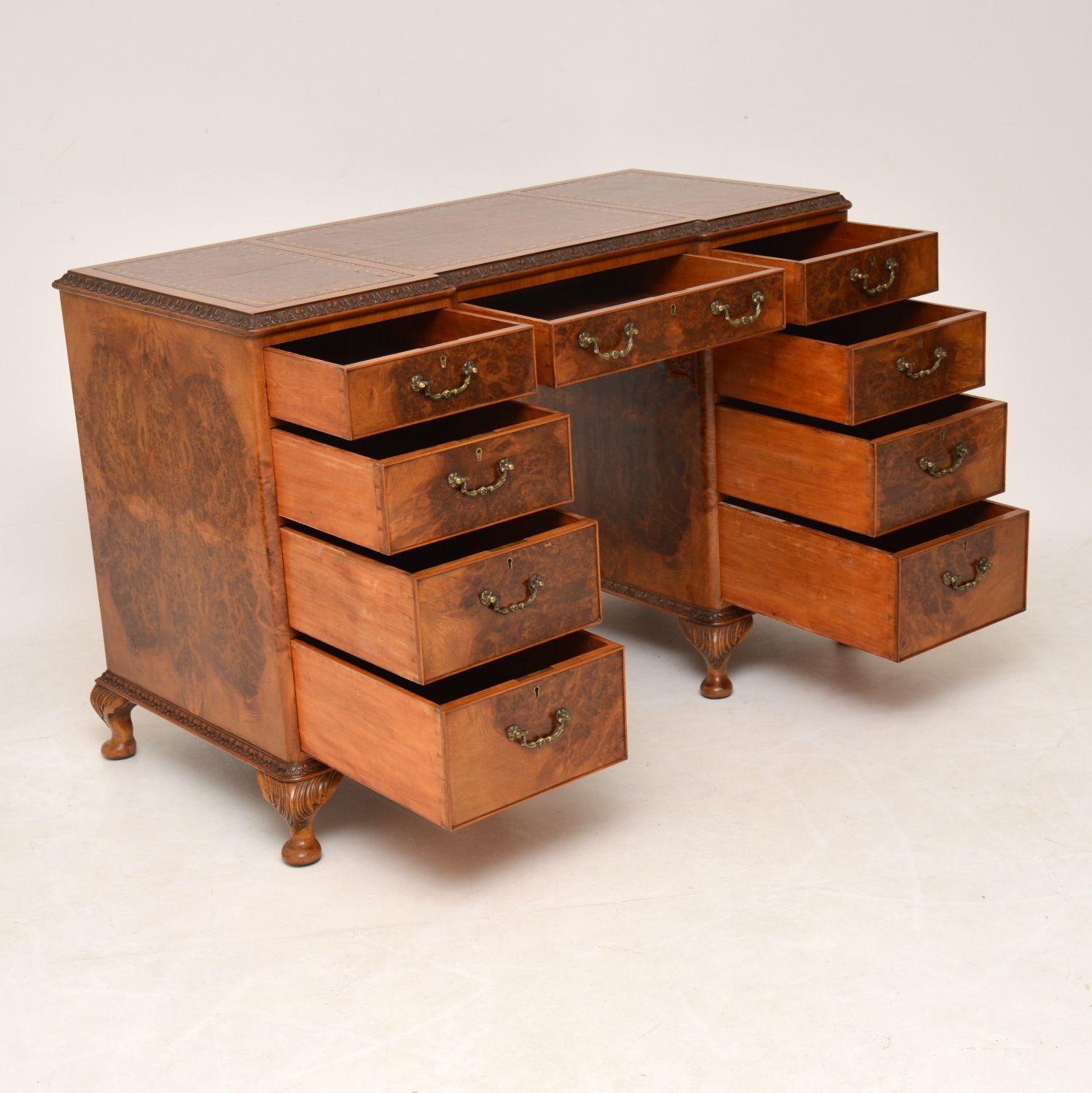 Early 20th Century Antique Burr Walnut Leather Top Desk