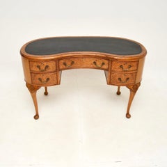 Antique Burr Walnut Leather Top Kidney Shaped Desk