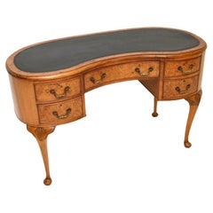 Antique Burr Walnut Leather Top Kidney Shaped Desk