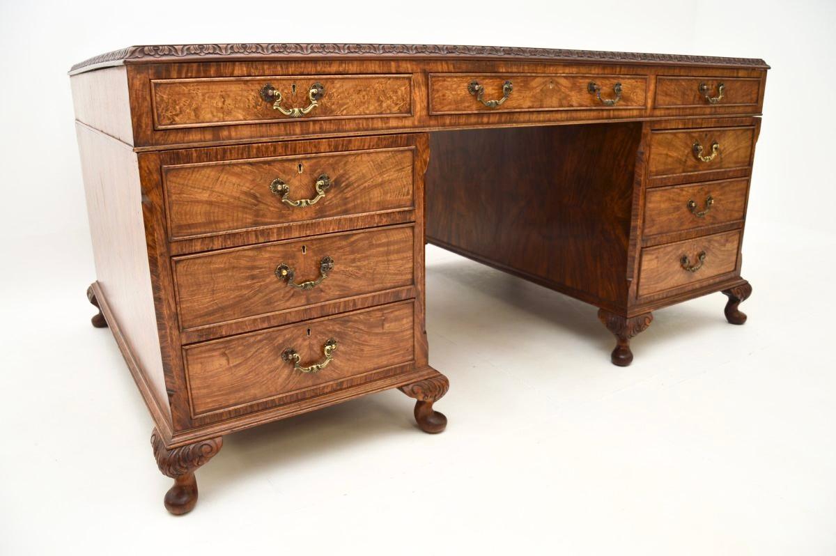 Antique Burr Walnut Leather Top Partners Desk 4