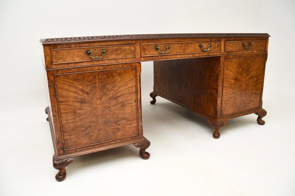 Antique Burr Walnut Leather Top Partners Desk 6