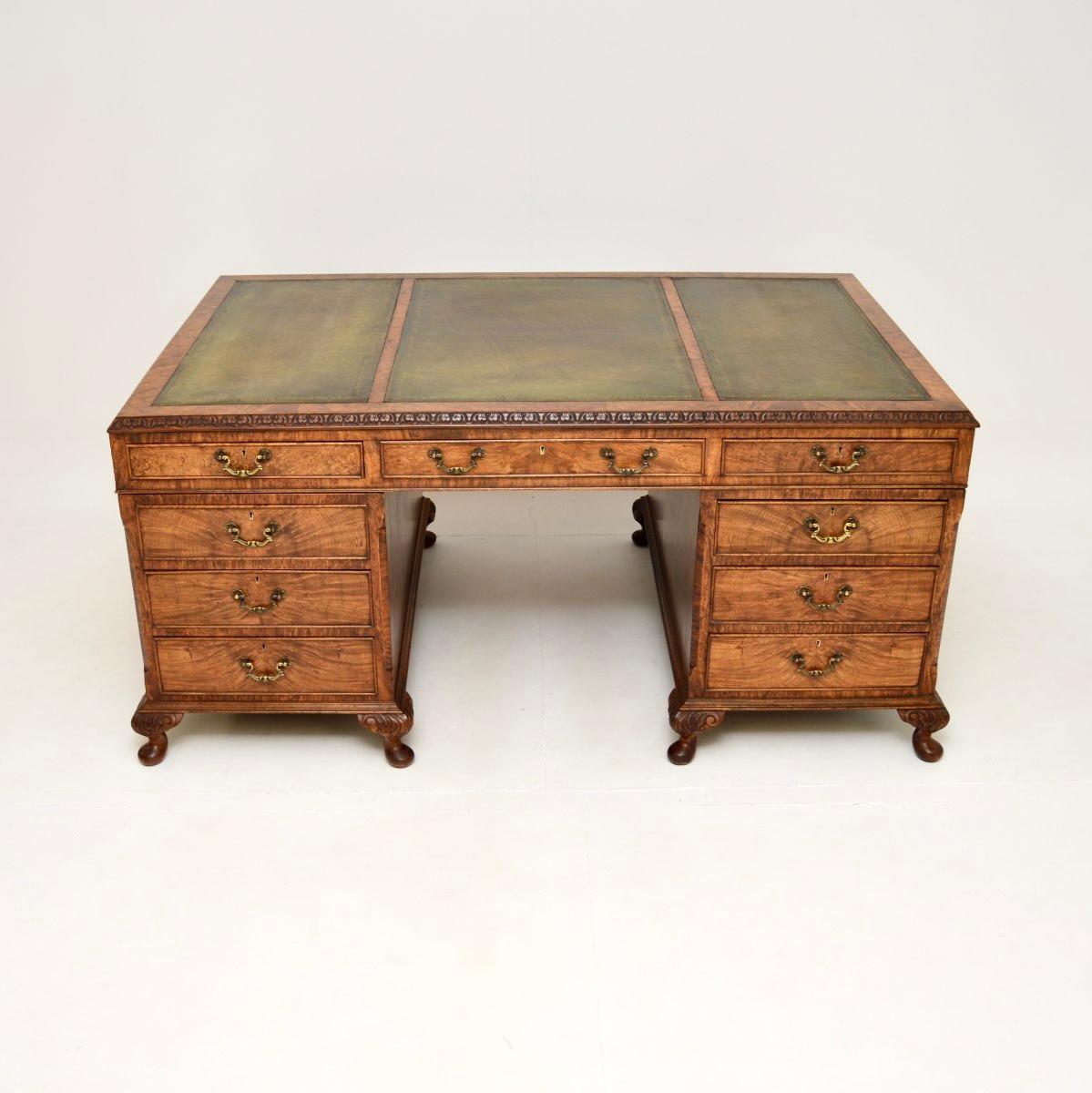 Georgian Antique Burr Walnut Leather Top Partners Desk