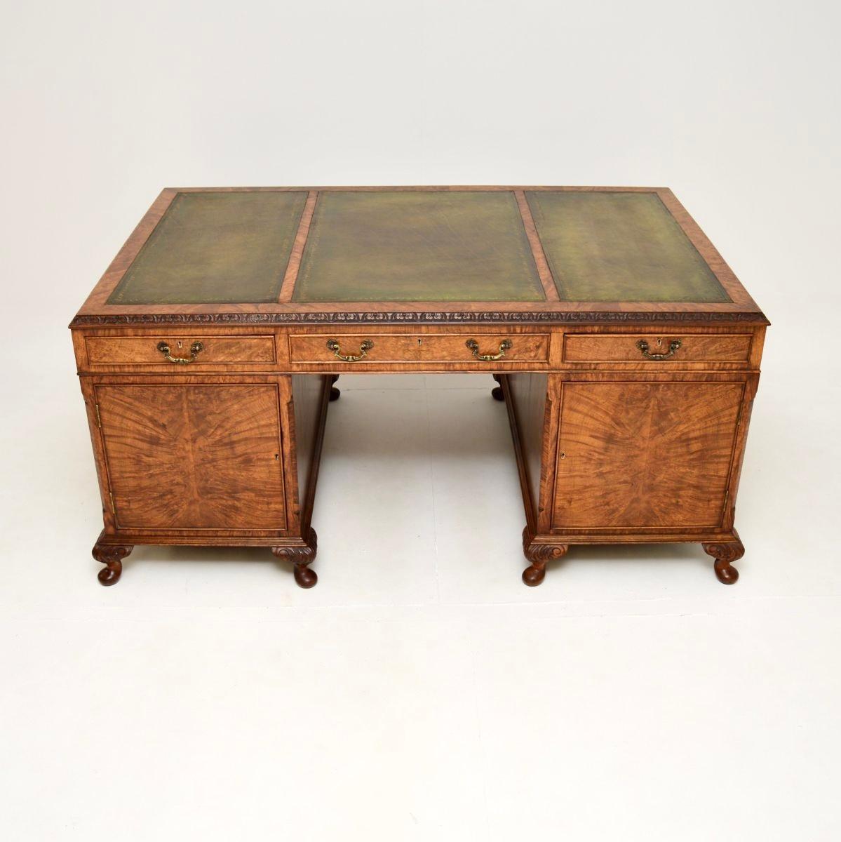 British Antique Burr Walnut Leather Top Partners Desk