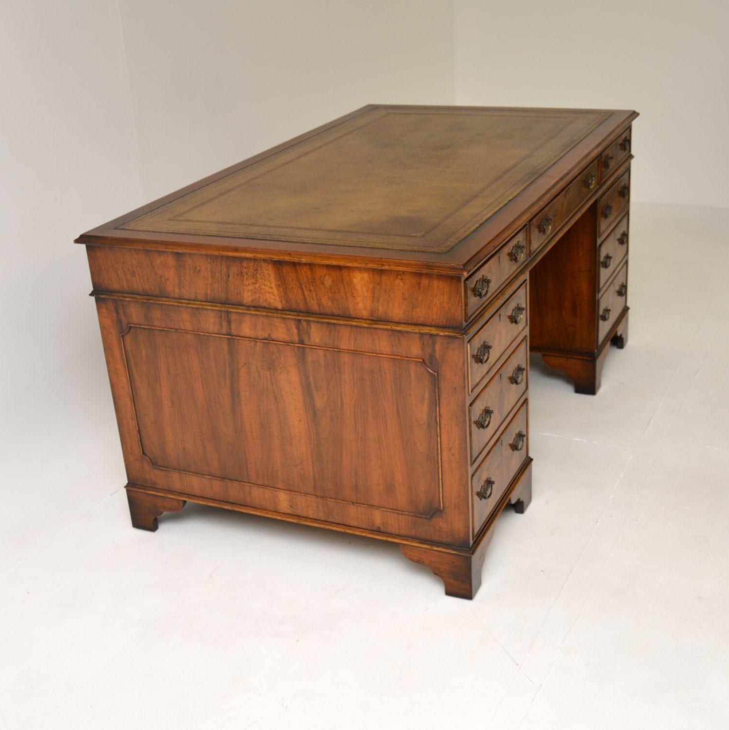 Georgian Antique Burr Walnut Leather Top Partners Desk