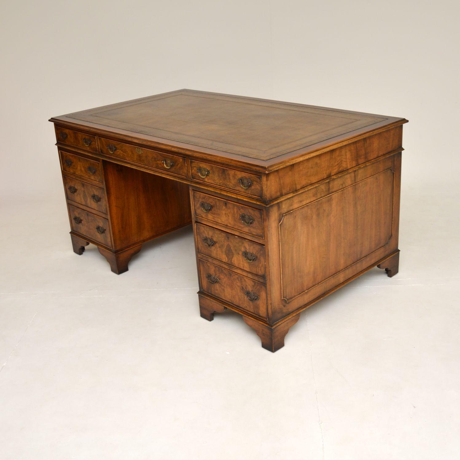 British Antique Burr Walnut Leather Top Partners Desk
