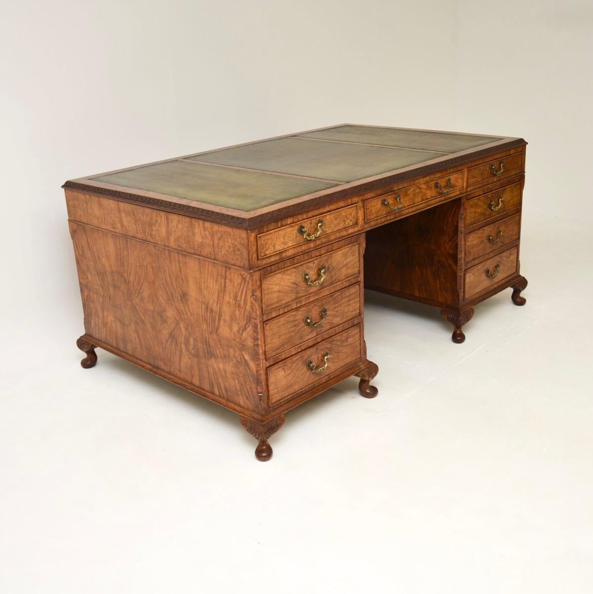 Early 20th Century Antique Burr Walnut Leather Top Partners Desk