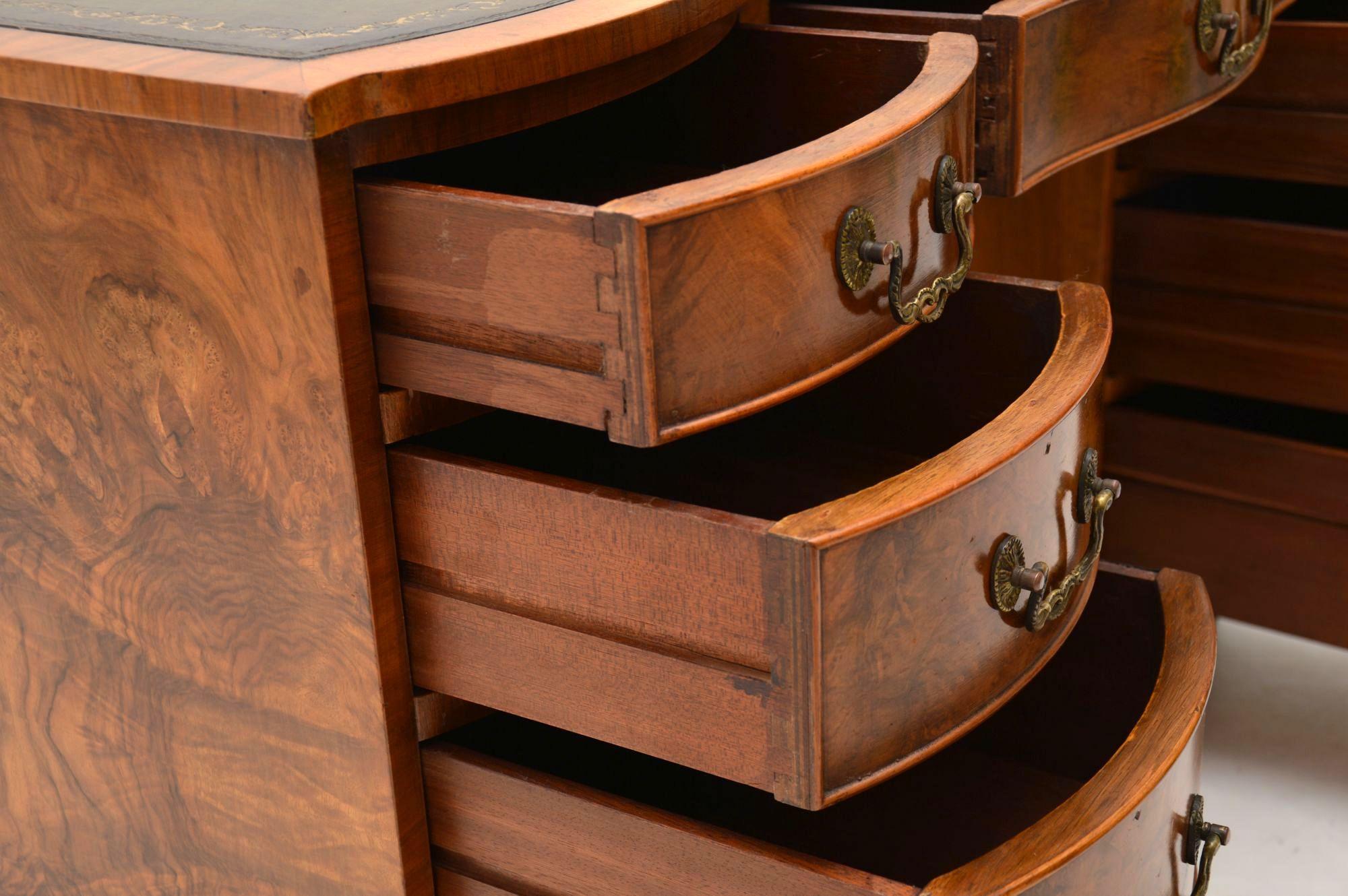 Antique Burr Walnut Leather Top Pedestal Desk 6