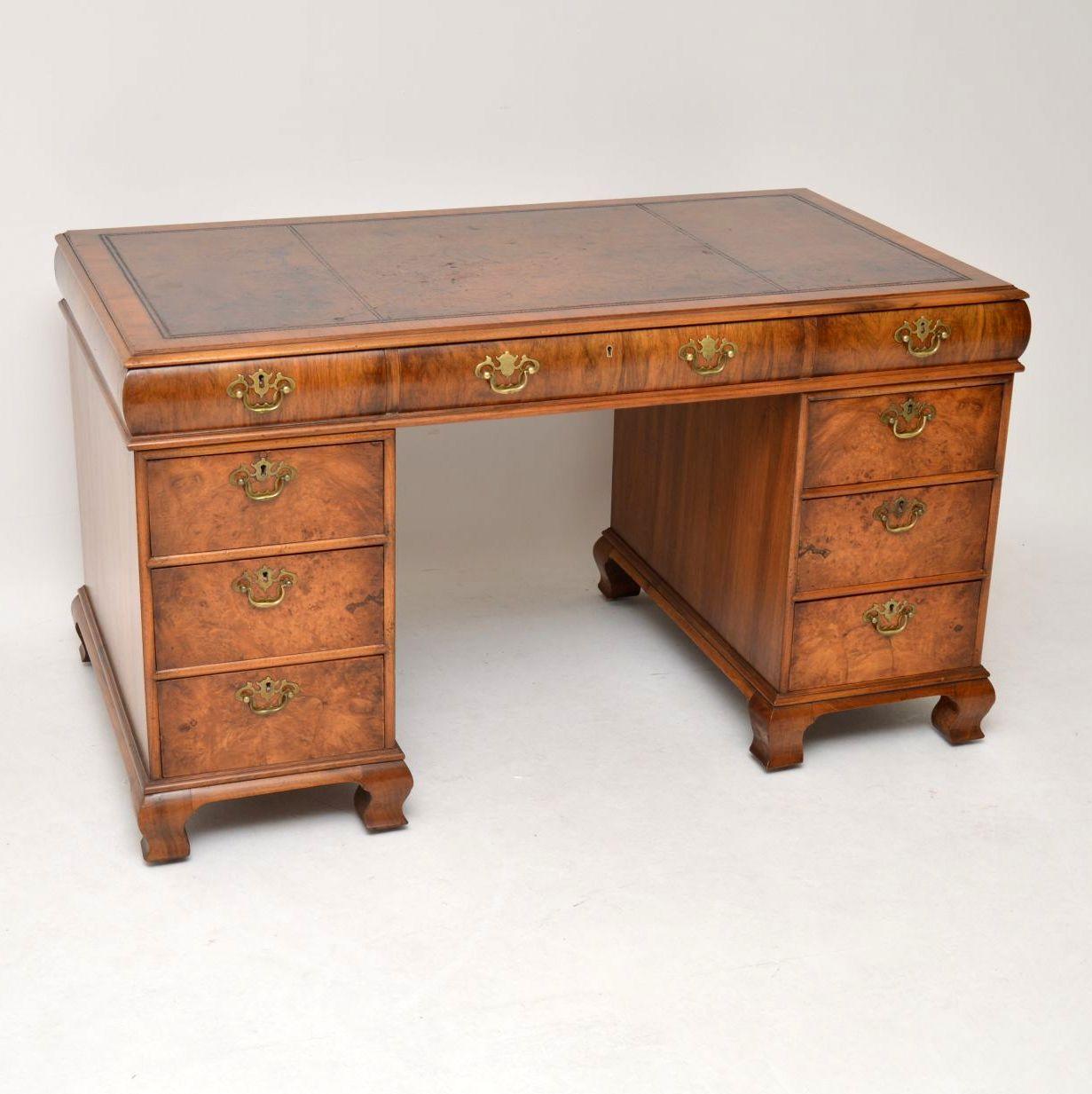 Antique Burr Walnut Leather Top Pedestal Desk 7