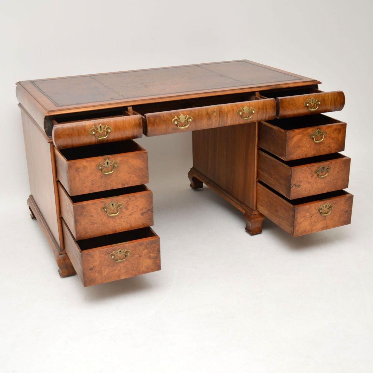 Antique Burr Walnut Leather Top Pedestal Desk 9