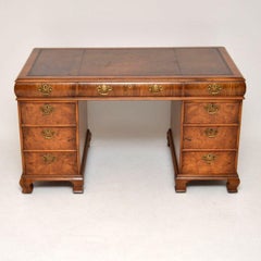 Antique Burr Walnut Leather Top Pedestal Desk