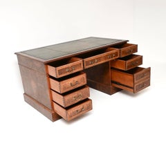 Antique Burr Walnut Leather Top Pedestal Desk