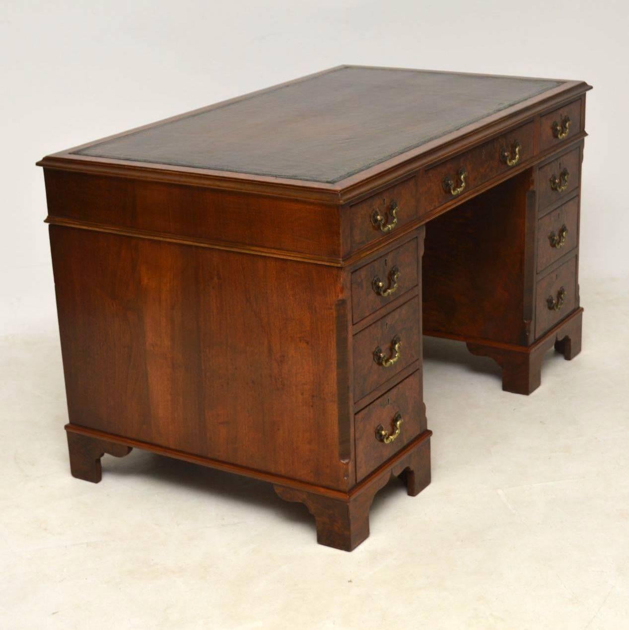 Edwardian Antique Burr Walnut Leather Top Pedestal Desk