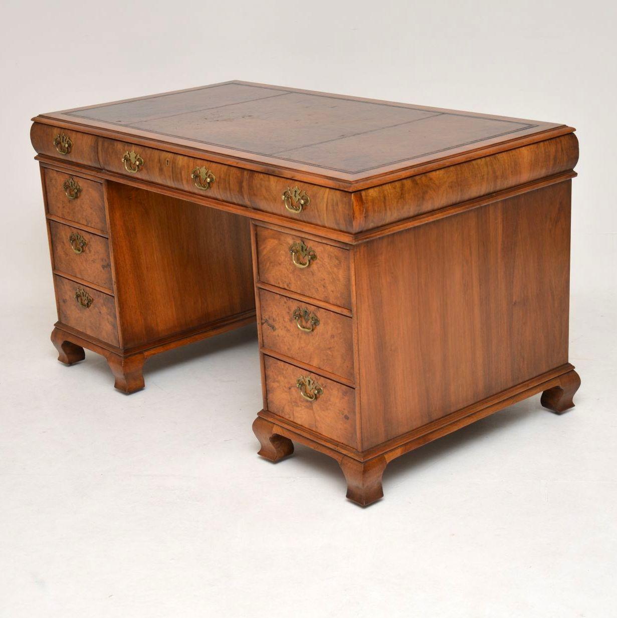 Edwardian Antique Burr Walnut Leather Top Pedestal Desk