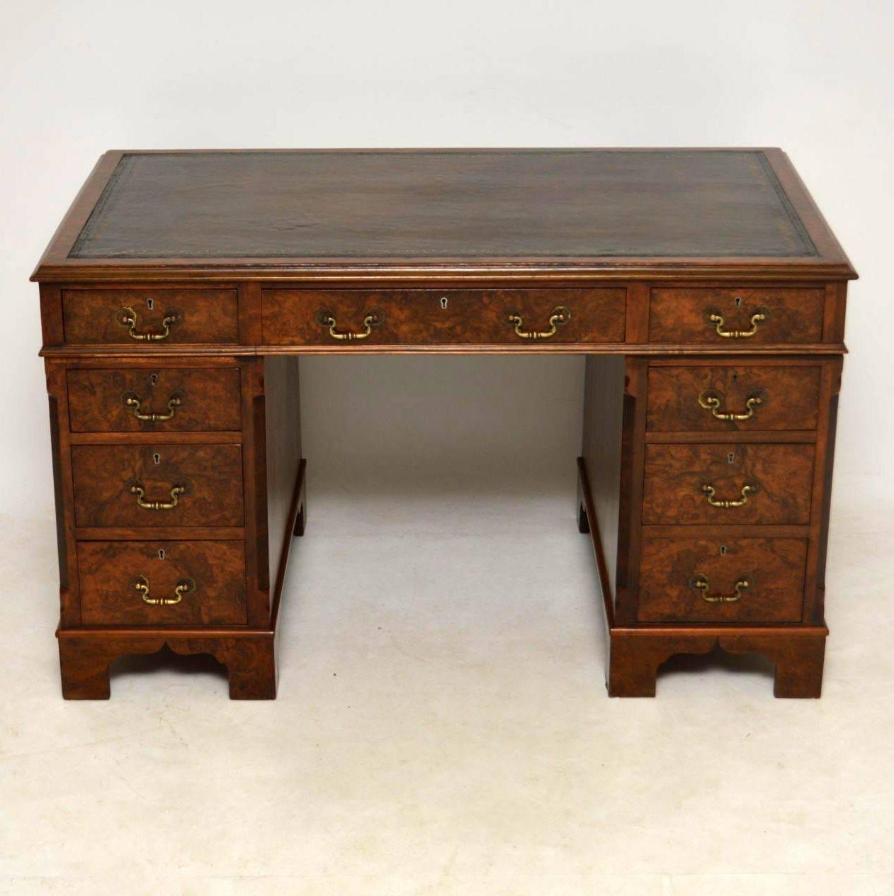 English Antique Burr Walnut Leather Top Pedestal Desk