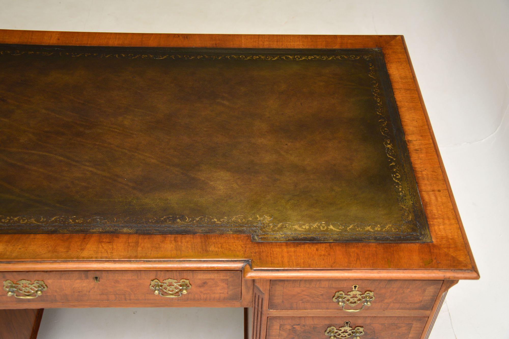 European Antique Burr Walnut Leather Top Pedestal Desk