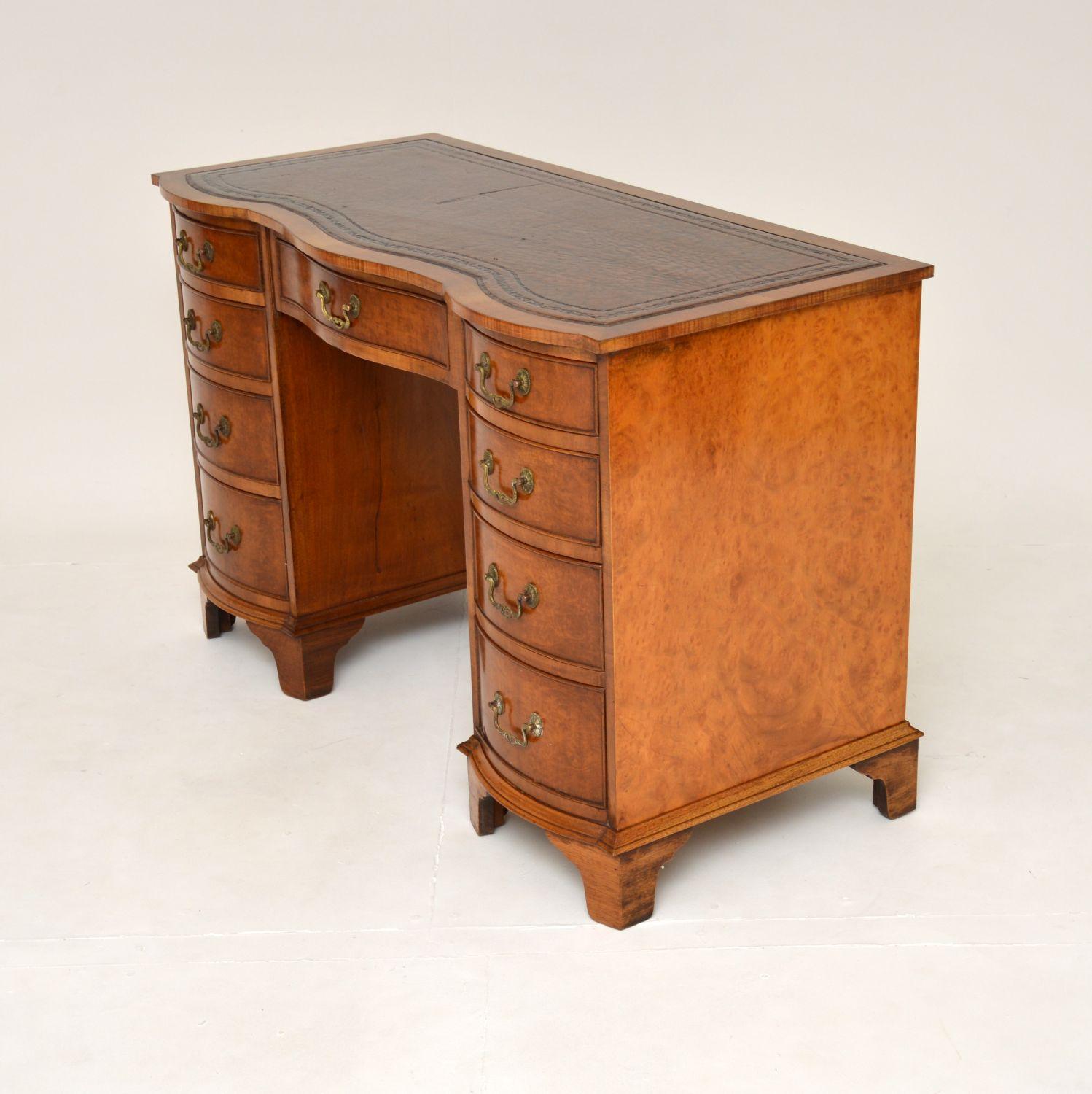 British Antique Burr Walnut Leather Top Pedestal Desk