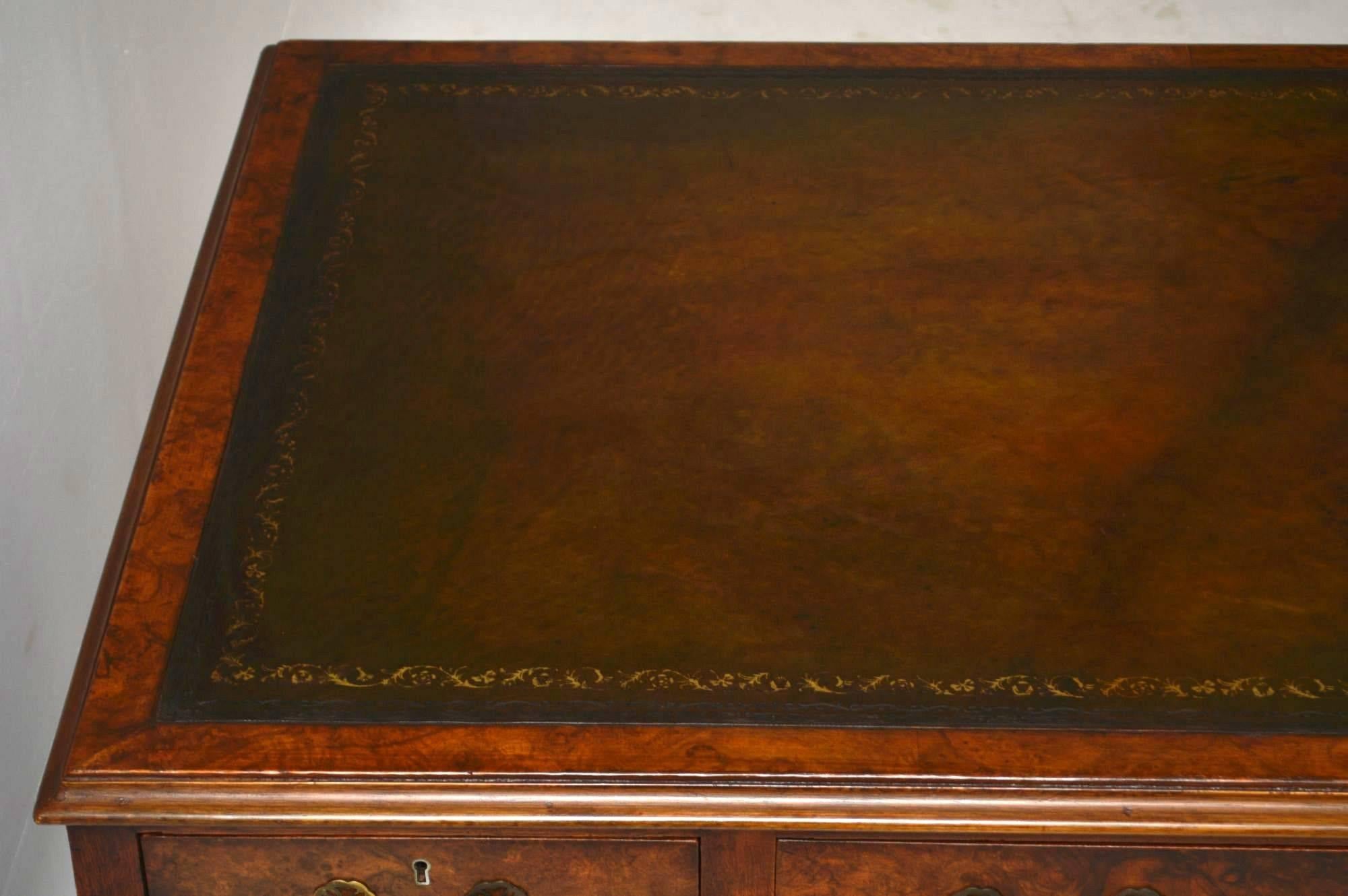 Early 20th Century Antique Burr Walnut Leather Top Pedestal Desk