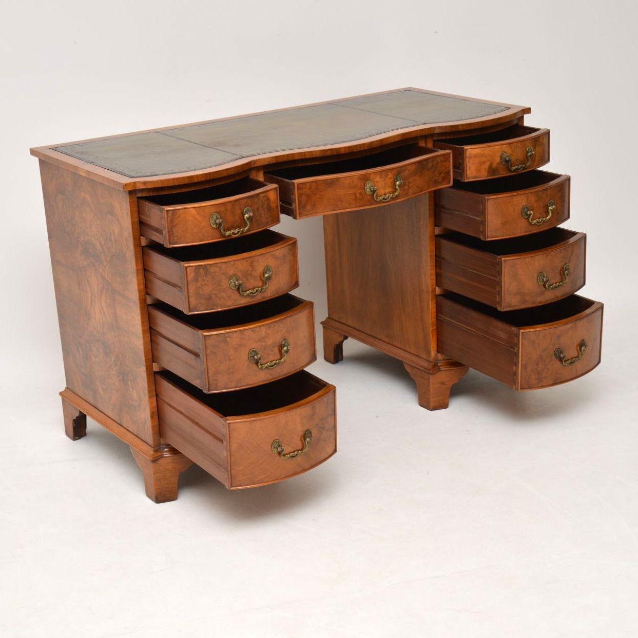 Mid-20th Century Antique Burr Walnut Leather Top Pedestal Desk
