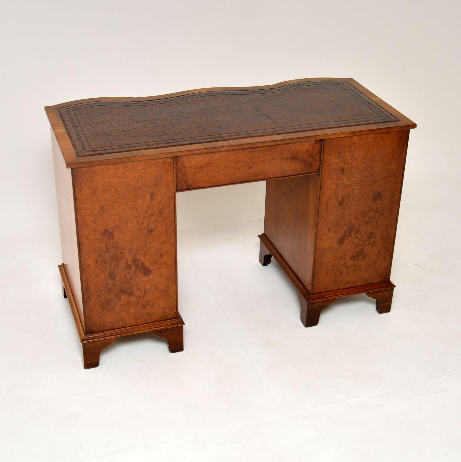 Mid-20th Century Antique Burr Walnut Leather Top Pedestal Desk