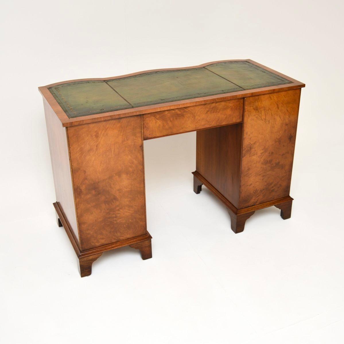 Mid-20th Century Antique Burr Walnut Leather Top Pedestal Desk For Sale