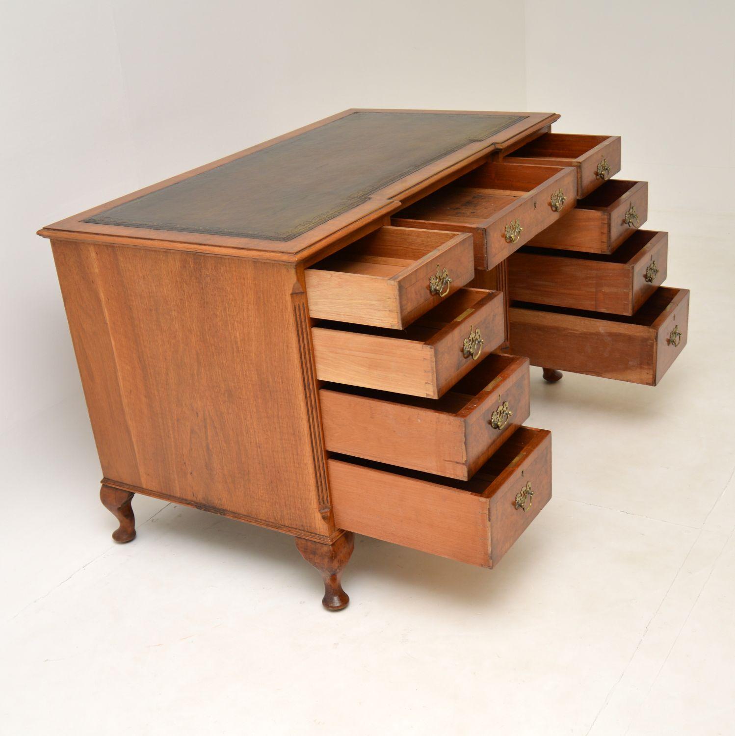 Antique Burr Walnut Leather Top Pedestal Desk 1