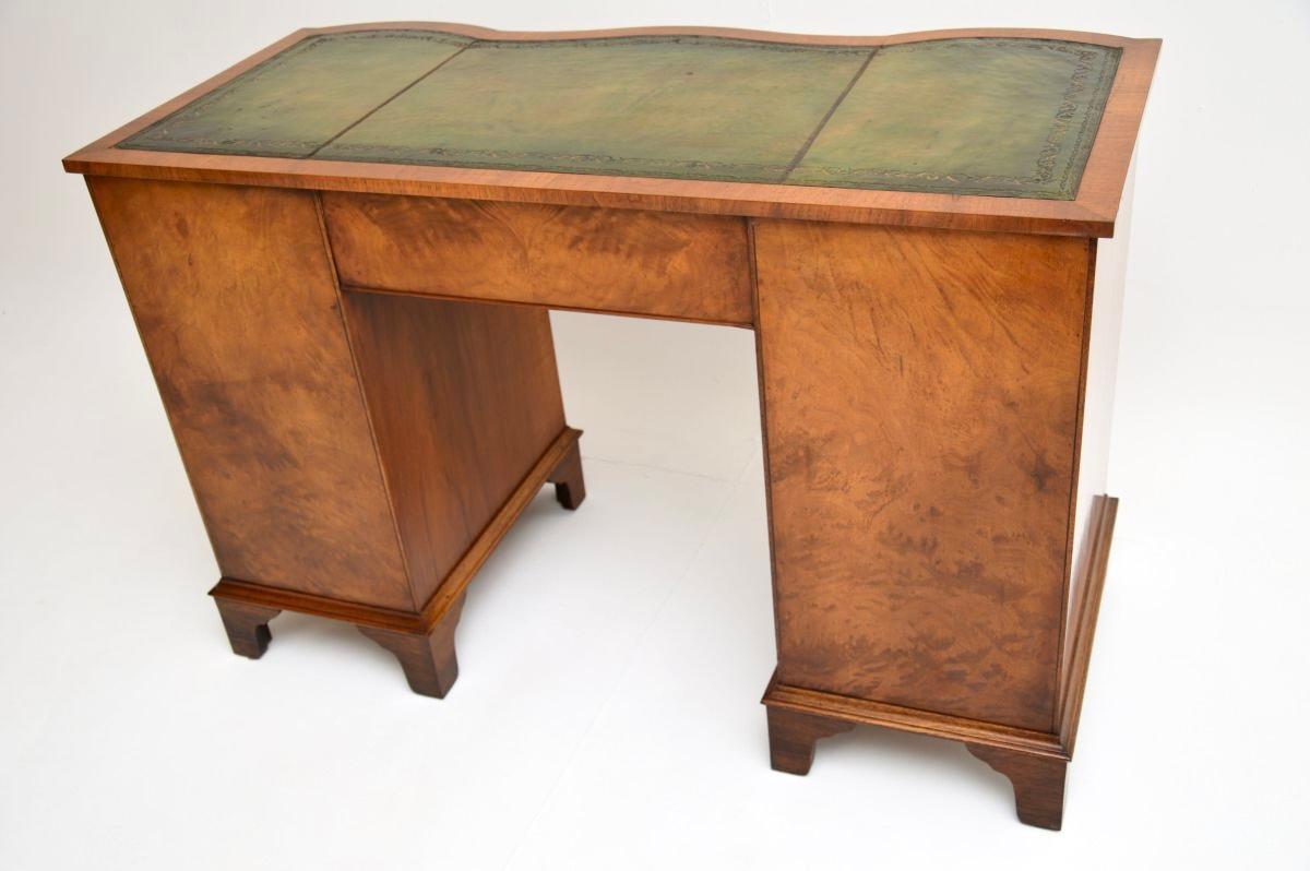 Antique Burr Walnut Leather Top Pedestal Desk For Sale 1