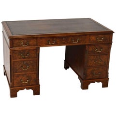 Antique Burr Walnut Leather Top Pedestal Desk