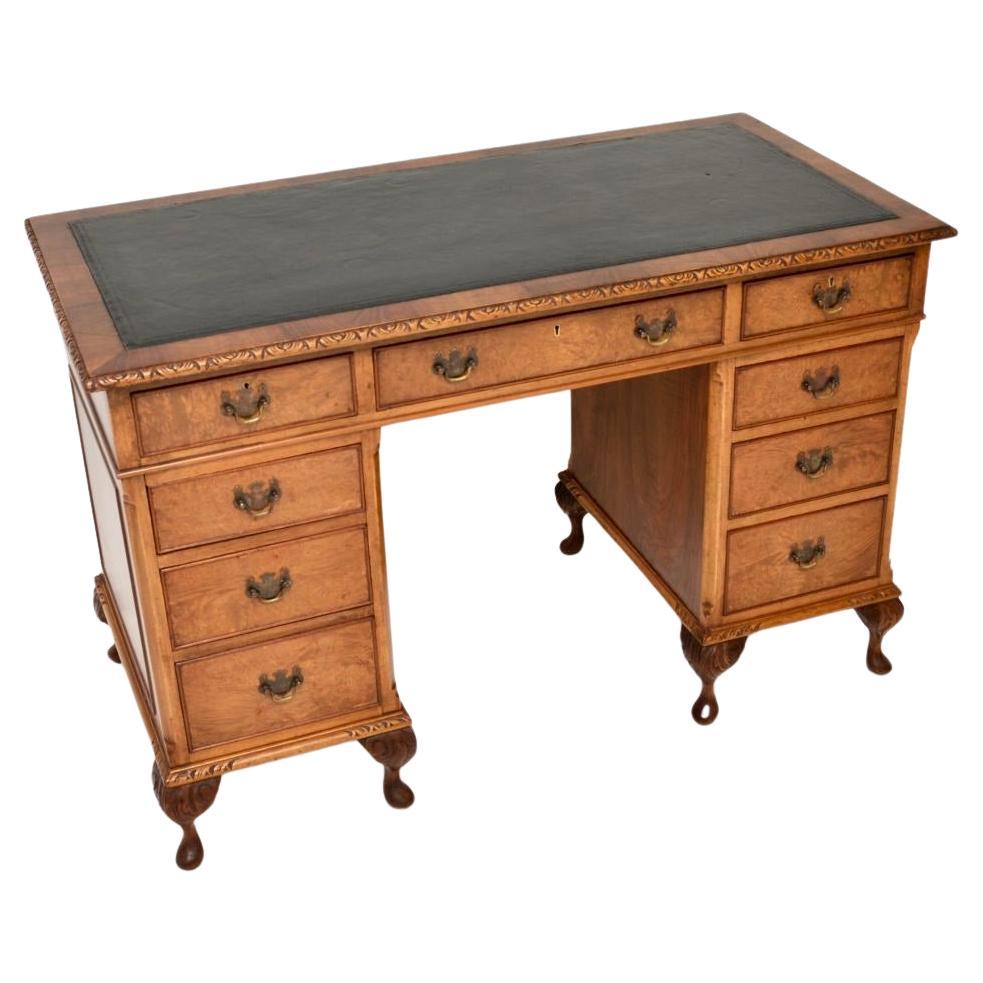 Antique Burr Walnut Leather Top Pedestal Desk