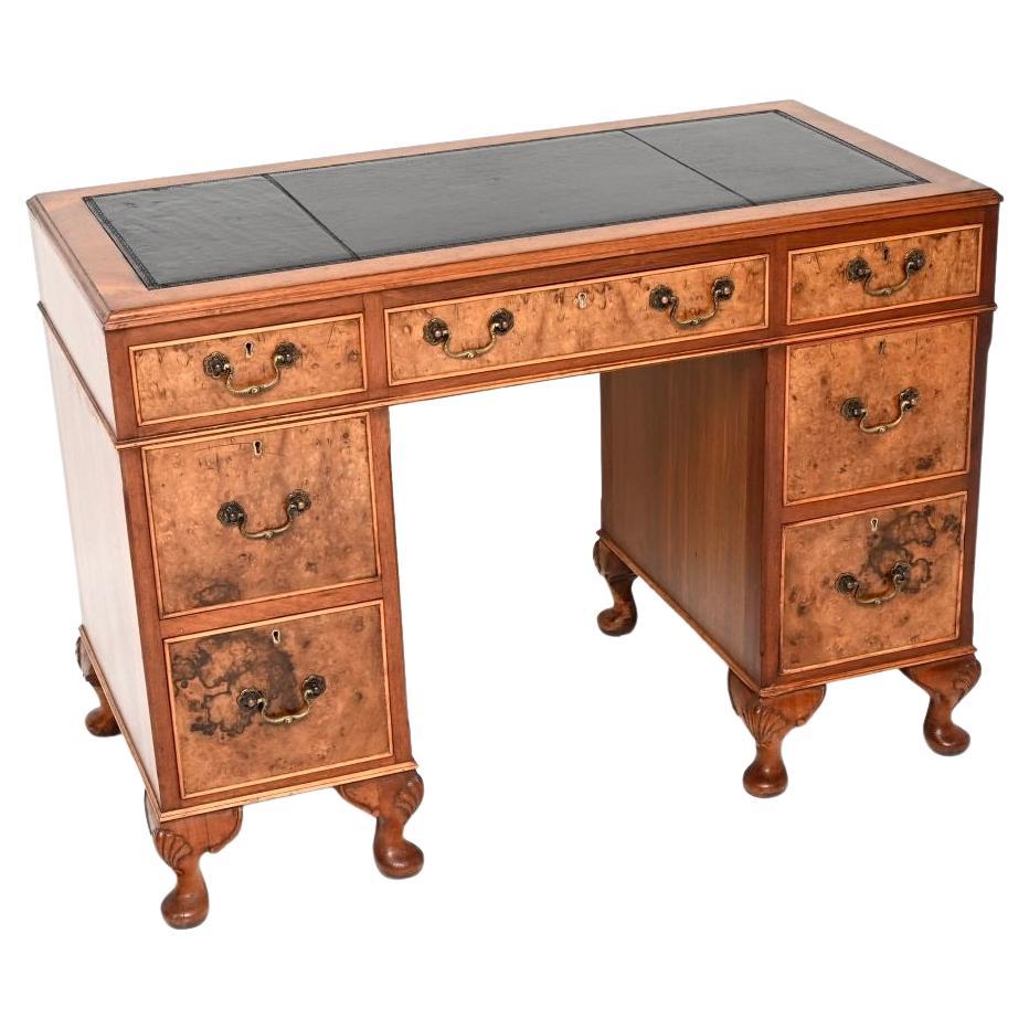 Antique Burr Walnut Leather Top Pedestal Desk