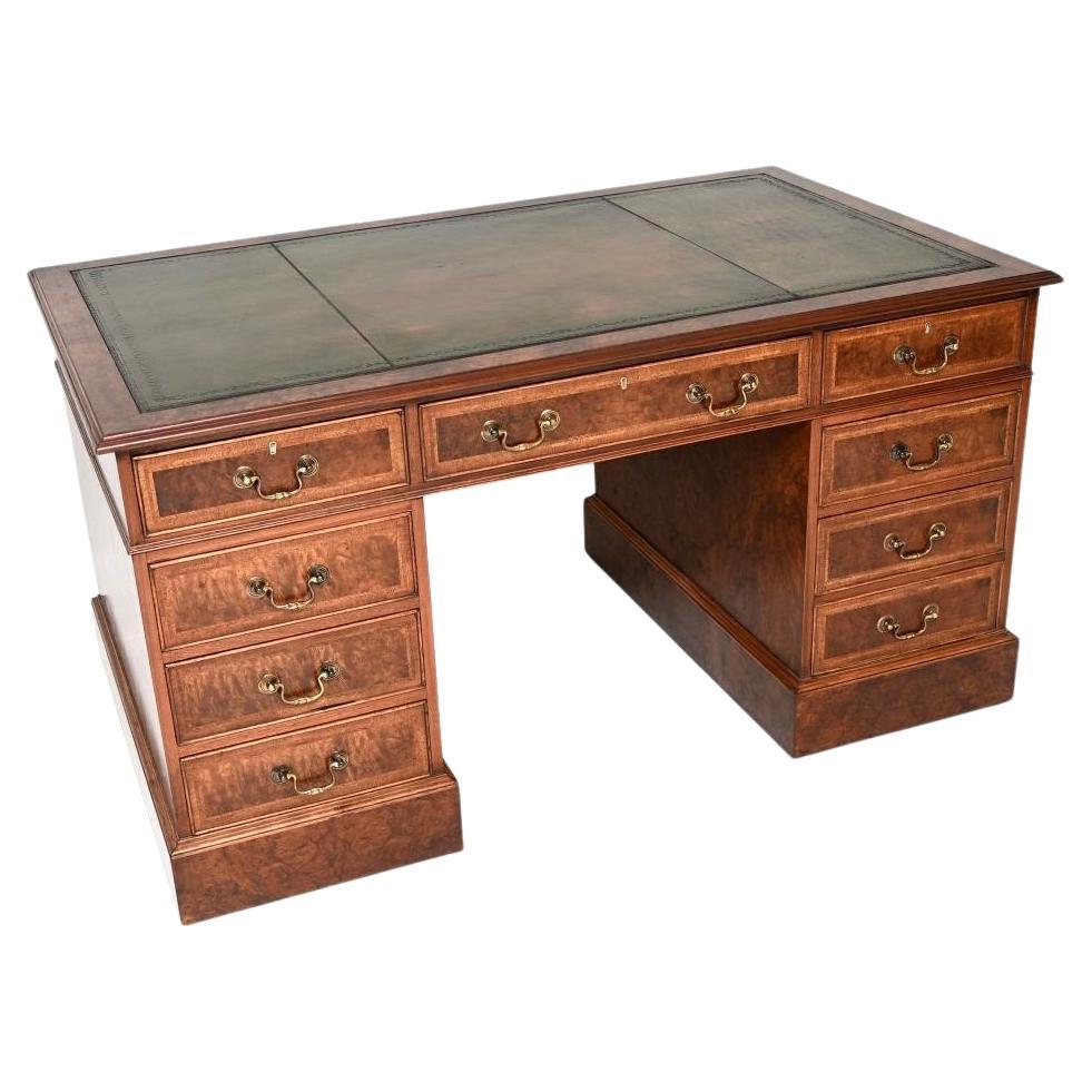 Antique Burr Walnut Leather Top Pedestal Desk For Sale