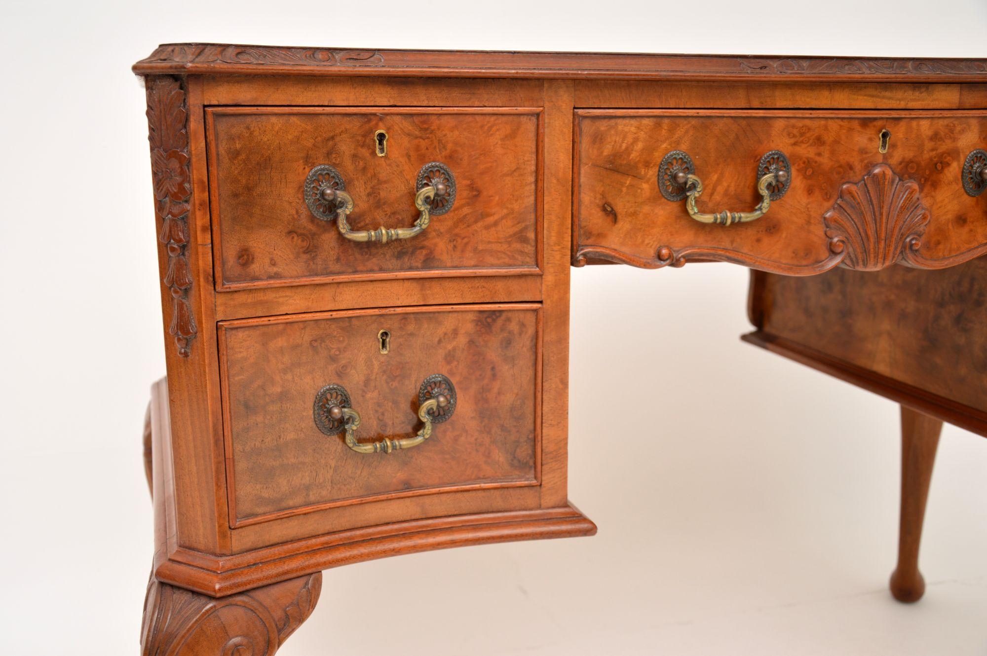 English Antique Burr Walnut Leather Top Writing Desk