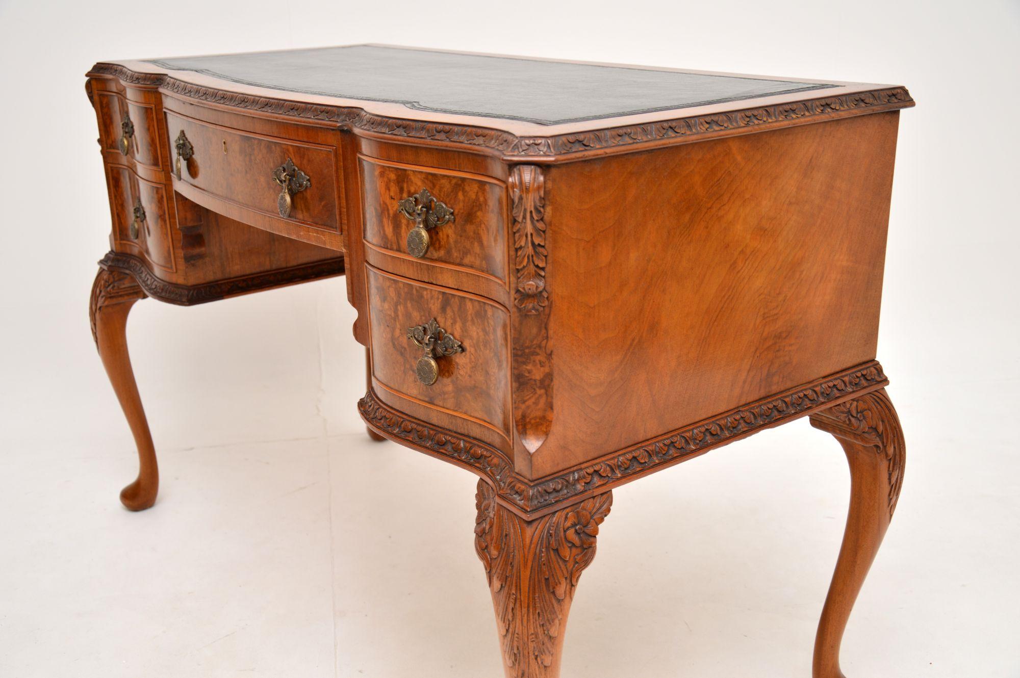 British Antique Burr Walnut Leather Top Writing Desk