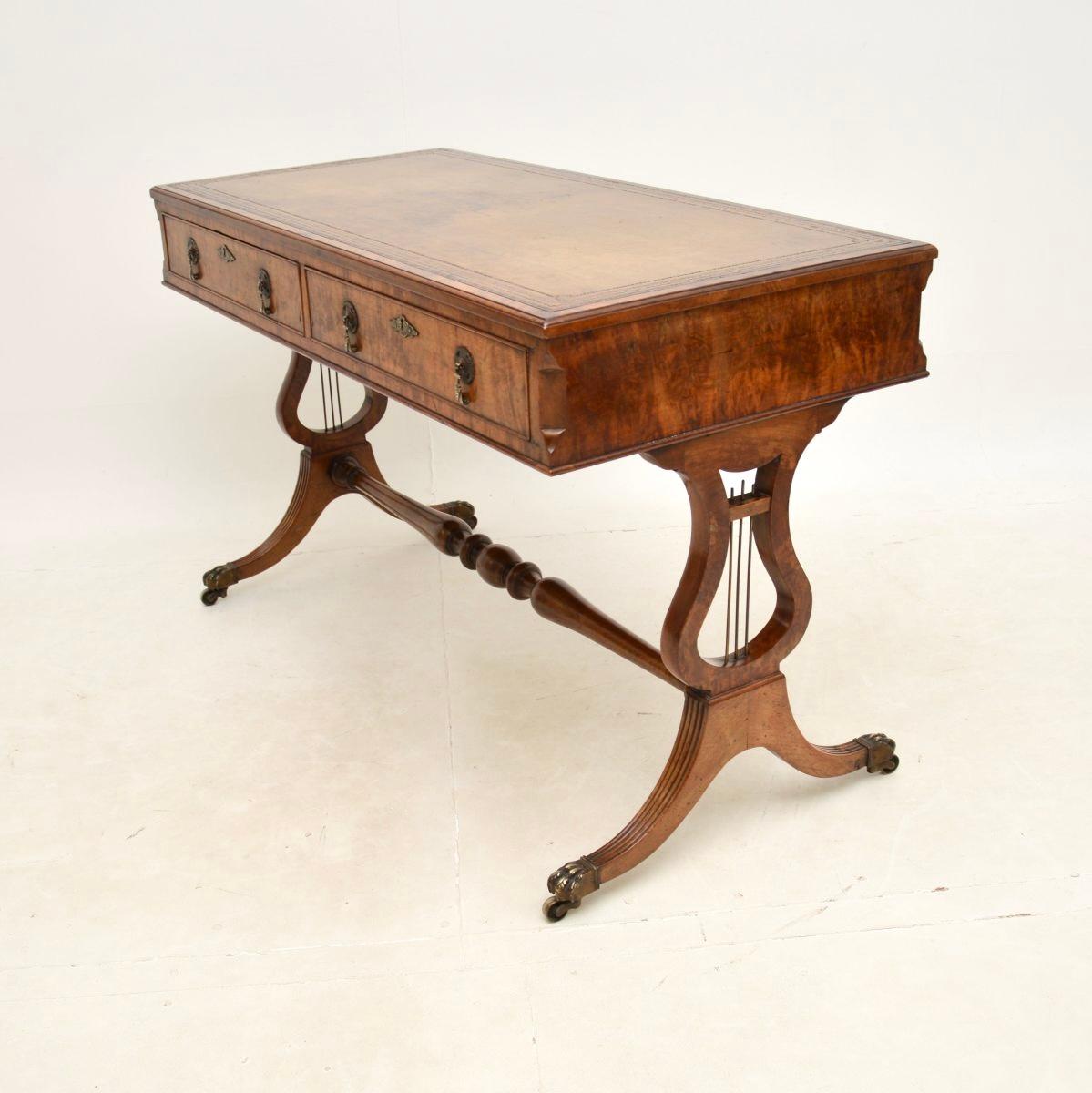 British Antique Burr Walnut Leather Top Writing Desk