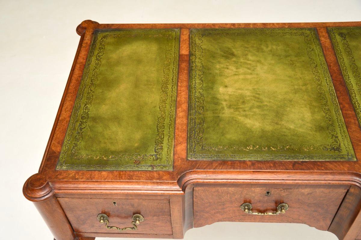 British Antique Burr Walnut Leather Top Writing Desk