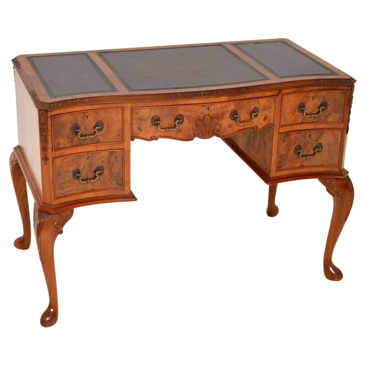 Antique Burr Walnut Leather Top Writing Desk For Sale at 1stDibs