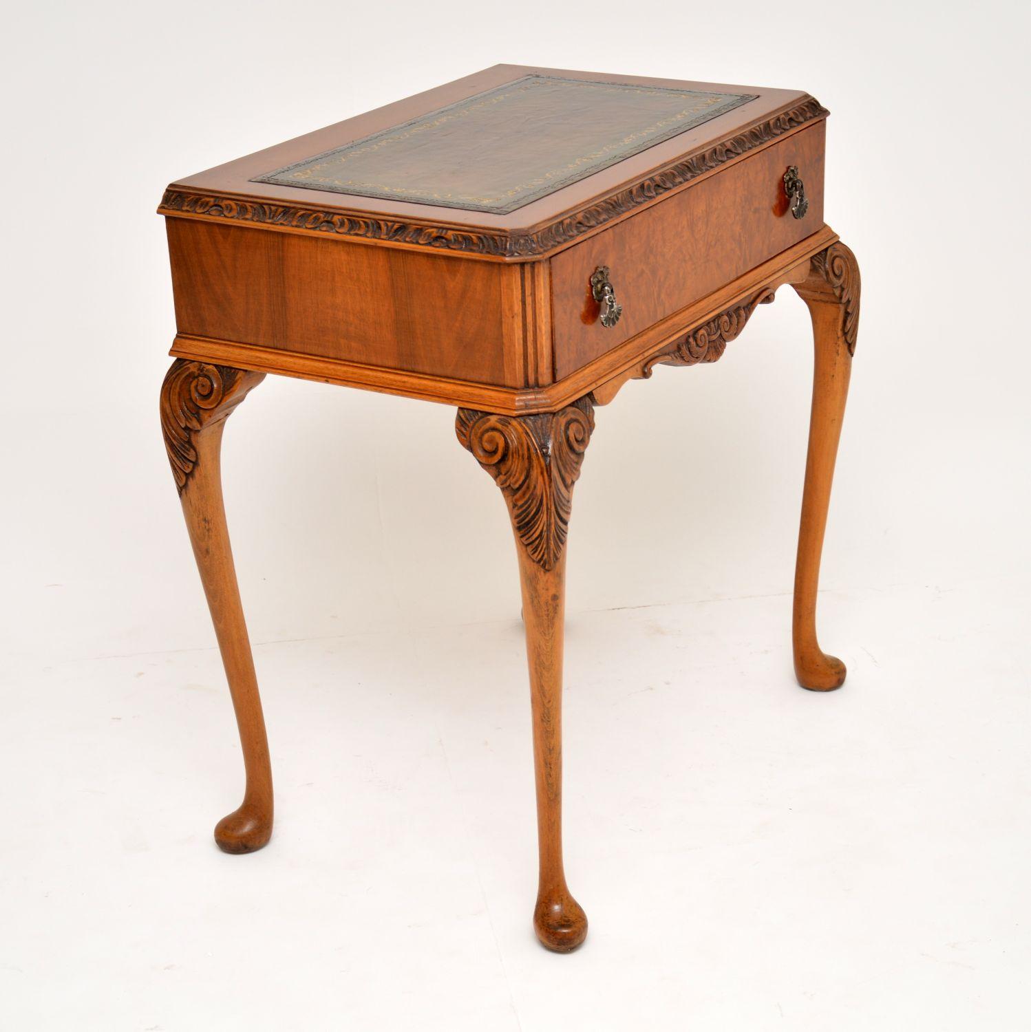 British Antique Burr Walnut Leather Top Writing Table / Desk