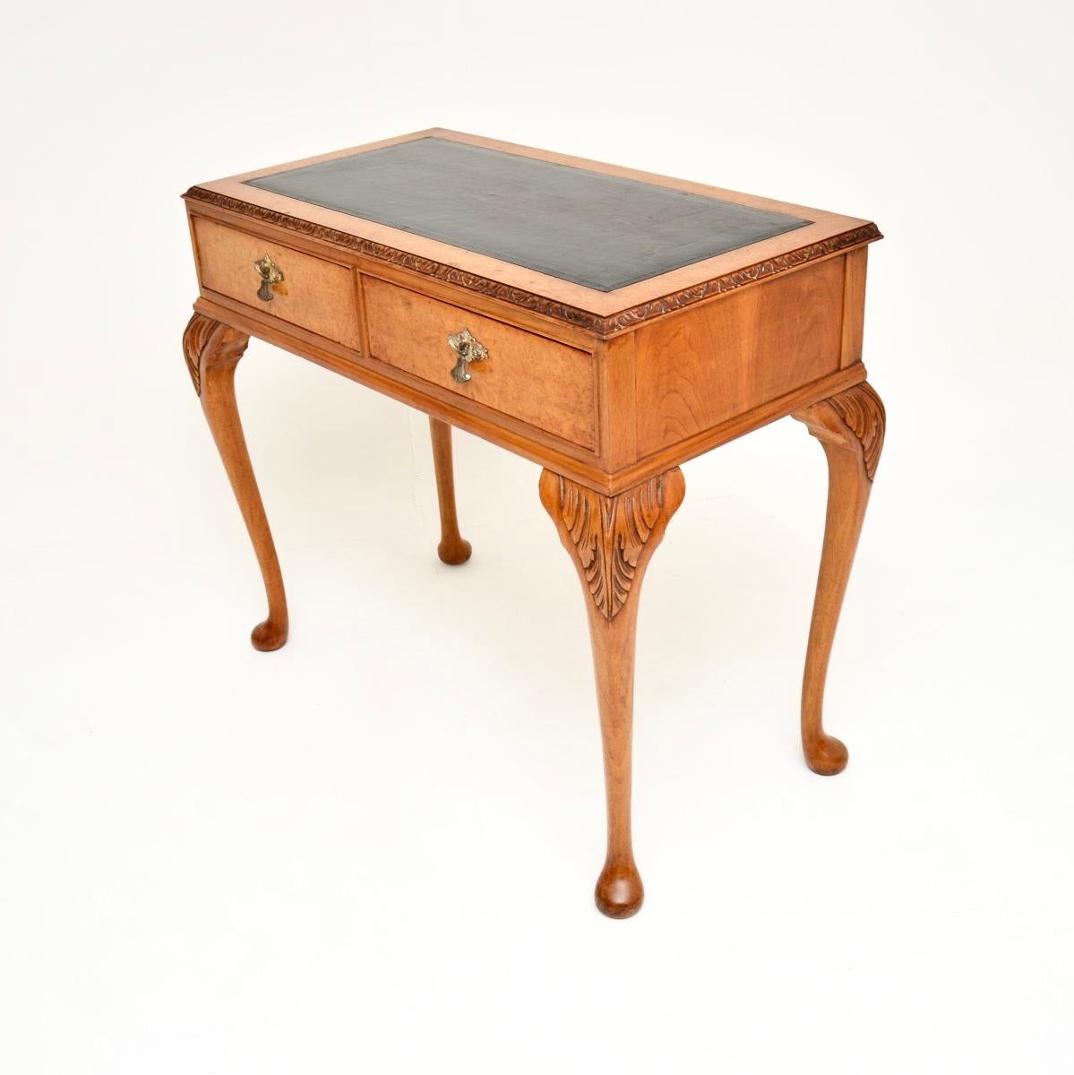 British Antique Burr Walnut Leather Top Writing Table / Desk For Sale