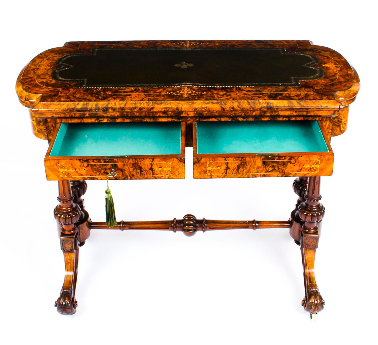 Antique Burr Walnut & Marquetry Combination Writing & Card Table, 19th Century 10