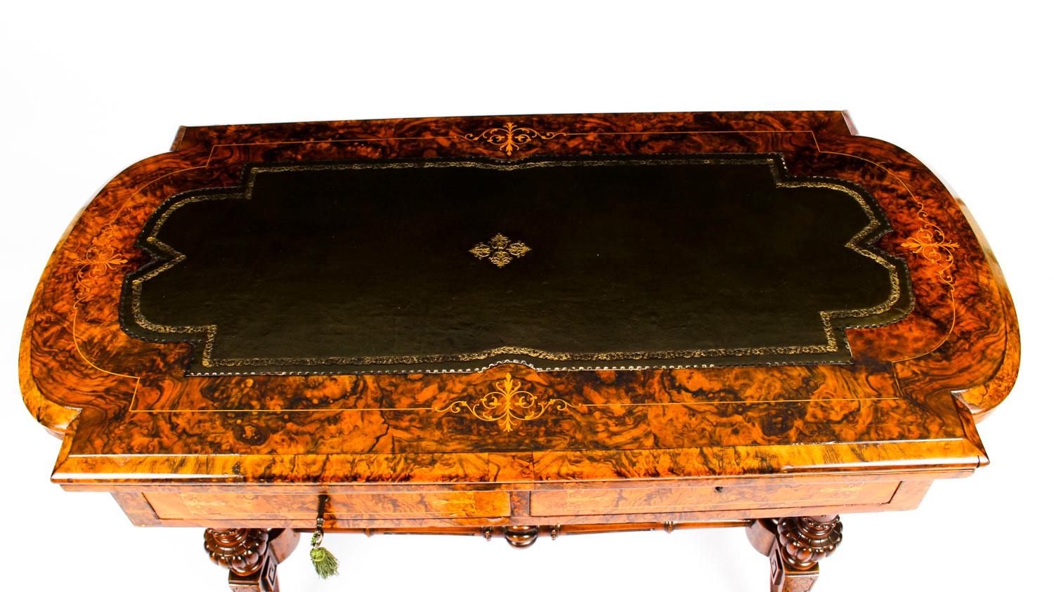 Victorian Antique Burr Walnut & Marquetry Combination Writing & Card Table, 19th Century