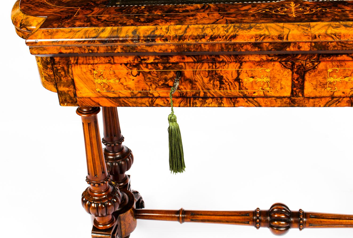 Antique Burr Walnut & Marquetry Combination Writing & Card Table, 19th Century 1